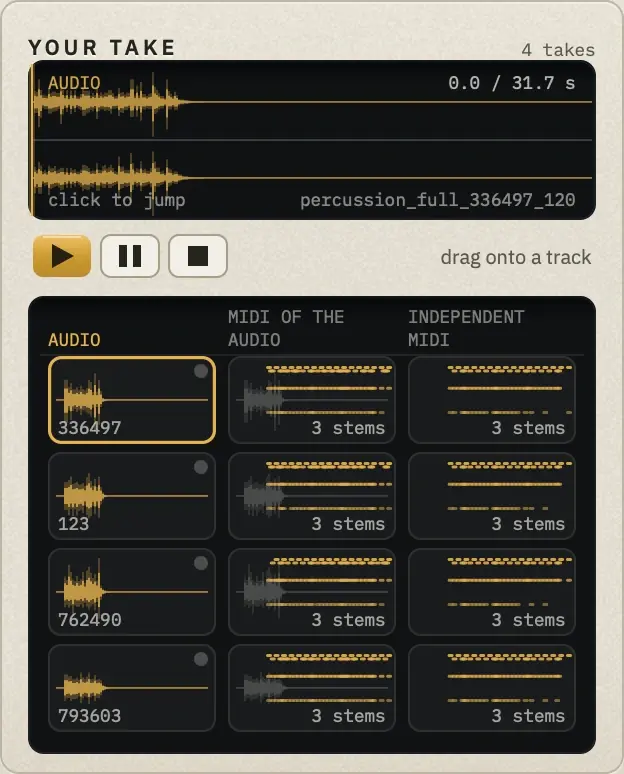 YOUR TAKE with Take 1 (percussion_full_336497_120) on the player
