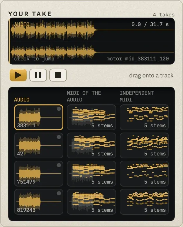 YOUR TAKE with Take 1 (motor_mid_383111_120) on the player