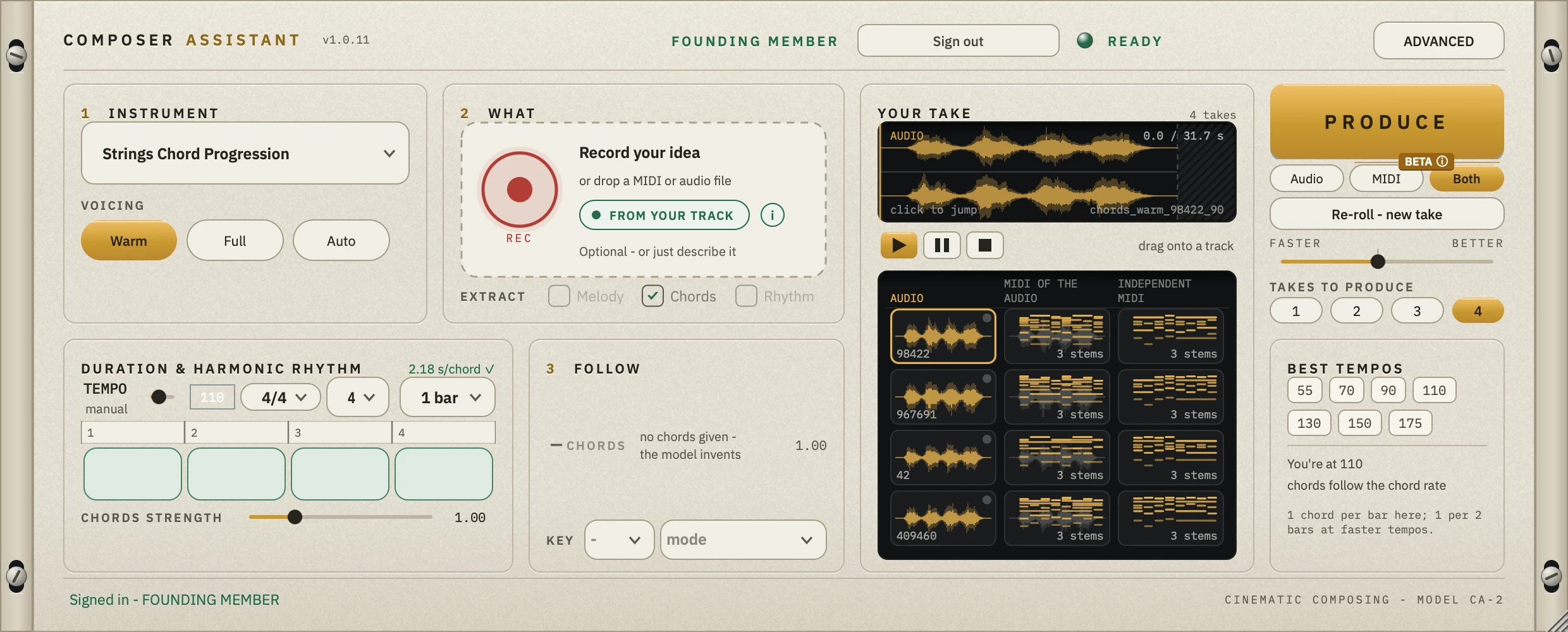 The whole plugin: Instrument, What, Your take, Produce, Duration and harmonic rhythm, Follow and Best tempos.