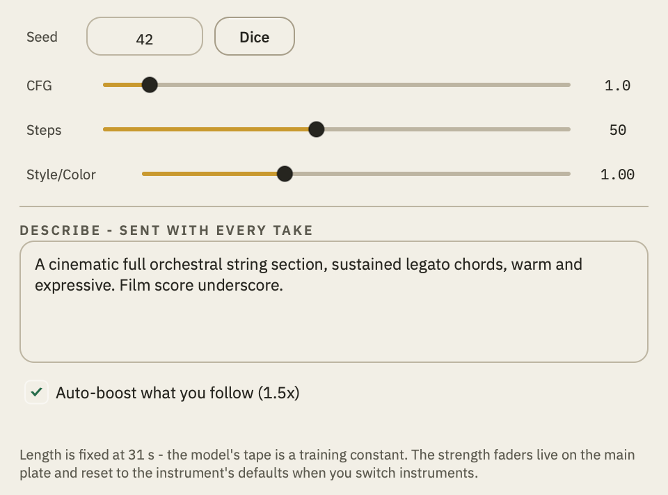 The ADVANCED panel: Seed 42 with the Dice button, the CFG, Steps and Style/Color faders, the DESCRIBE - SENT WITH EVERY TAKE box holding the instrument's own description, and Auto-boost what you follow (1.5x), ticked.