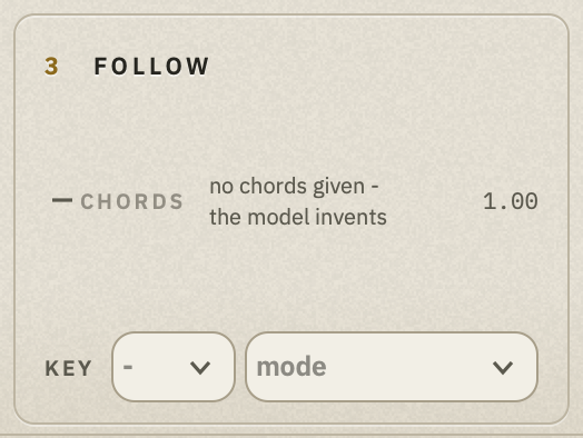 The FOLLOW panel with nothing given yet: "CHORDS - no chords given - the model invents - 1.00", and the KEY row with a root and a mode menu.