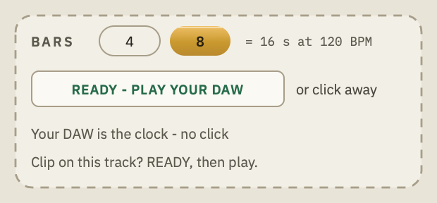 WHAT after pressing FROM YOUR TRACK: BARS 4 or 8, 8 lit, "= 16 s at 120 BPM", and the READY - PLAY YOUR DAW button.
