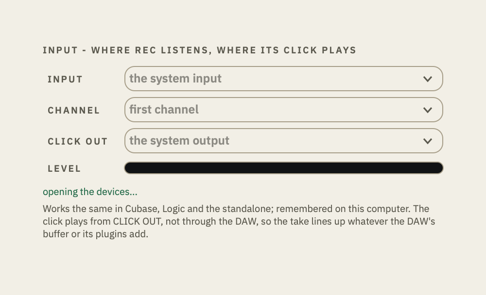 The input picker: INPUT, CHANNEL, CLICK OUT and a LEVEL meter.