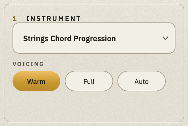 The INSTRUMENT panel: the Strings Chord Progression menu, and VOICING with Warm lit, Full and Auto.