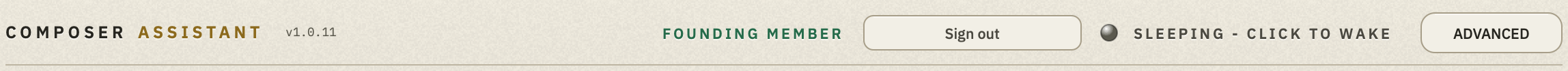 The header after signing in: the wordmark and version, the plan name FOUNDING MEMBER, the Sign out button, the server lamp and the ADVANCED button.