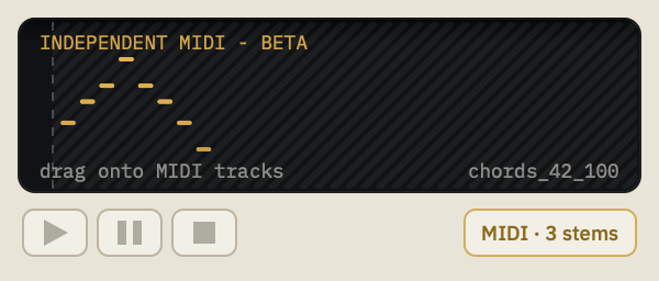 The player showing a take's Independent MIDI, BETA, with "drag onto MIDI tracks".