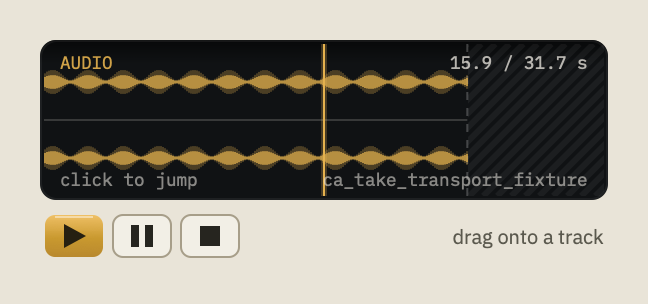 The player after a click on the tape: the line at 15.9 of 31.7 seconds, playing.