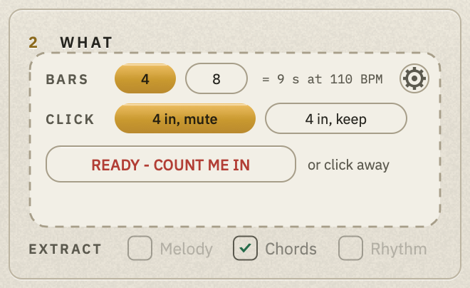 WHAT's REC setup on the plate: BARS 4 or 8, the click options, READY - COUNT ME IN and the gear.