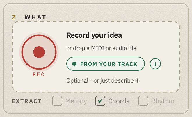 The WHAT panel: the REC button, "Record your idea, or drop a MIDI or audio file", FROM YOUR TRACK with its (i), "Optional - or just describe it", and EXTRACT with Melody, Chords and Rhythm.
